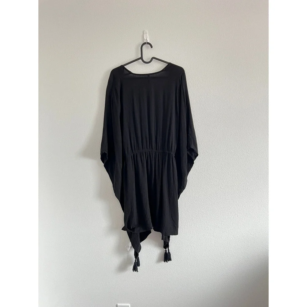 BCBG Paris Black Tassel Gauze Rayon Kimono Swim Cover Up 2/3XL Boho
